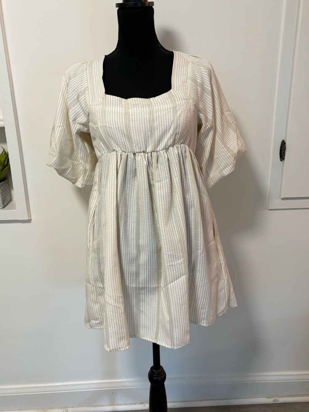 Free People Gigi vertical stripe puff sleeve babydoll Cottagecore mini dress